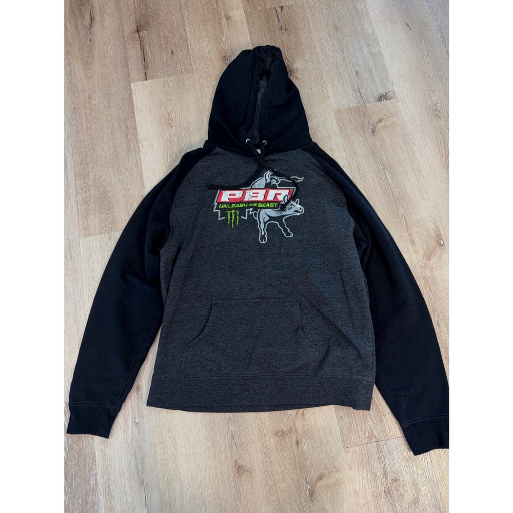 PBR Professional Bull Riders Monster Energy Hoodie Mens XL Gray Black Raglan
